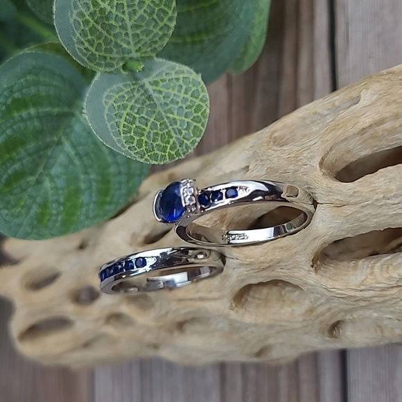 BLUE SAPPHIRE AND SILVER TWO PIECE RING SET - Picture 2 of 8
